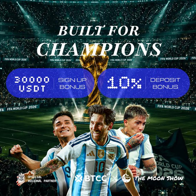 A sports betting advertisement reading 'BUILT FOR CHAMPIONS' for BTCC, offering a '30,000 USDT SIGN UP BONUS' and '10% DEPOSIT BONUS', featuring Argentine football stars celebrating with the FIFA World Cup 2026 trophy.