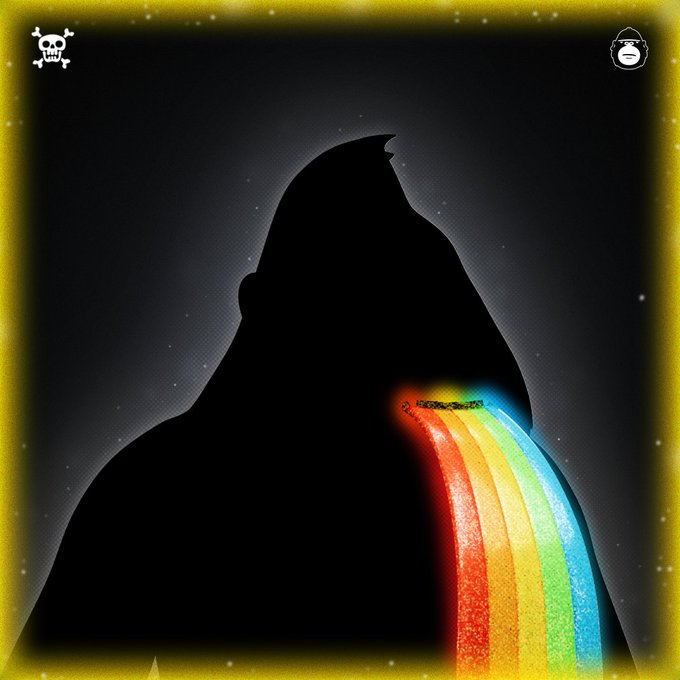 A dark silhouette of a gorilla (Degen Ape) spits out a vibrant rainbow against a starry night, framed by a glowing yellow border with skull and monkey icons in the corners, capturing the iconic "F**k It, Rainbows" trait from the Degen Ape Academy NFT collection.