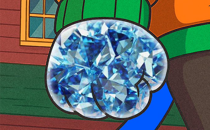 A cartoon character is holding a large, sparkling blue gemstone while wearing a green cap, with the post noting, “It’s a good week to be a $TOSHI holder.” The jewel symbolizes the token holder’s positive gains or celebratory mood.