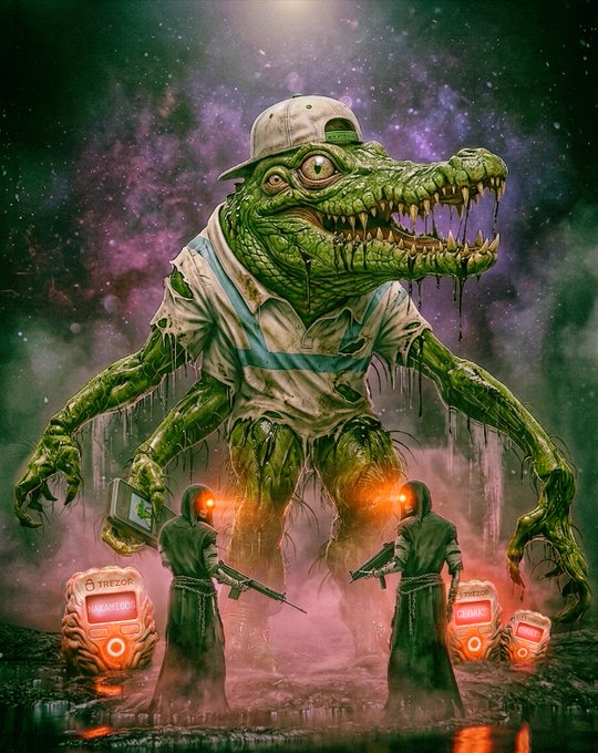 A grotesque green reptilian creature in a cap stands menacingly over hooded figures holding weapons, set against a cosmic purple and green background.