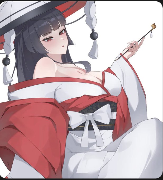 An anime-style illustration of a woman with dark hair and red eyes, wearing a traditional red and white kimono and a large hat, holding a kanzashi hairpin.