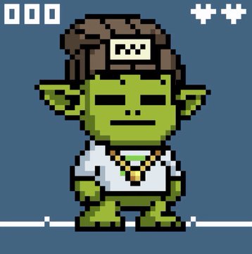 A pixel art depiction of a green-skinned, pointy-eared goblin-like character with dark hair, wearing a white shirt, standing against a blue background with game UI elements.
