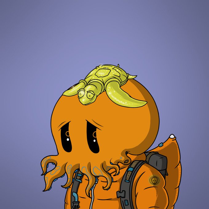 A digital illustration of a sad, orange octopus-like character wearing a backpack and a small green crab resting on its head, set against a blue background.