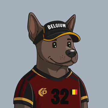 A cartoon illustration of a brown dog wearing a Belgium soccer jersey with the number 32 and a 'BELGIUM' cap.
