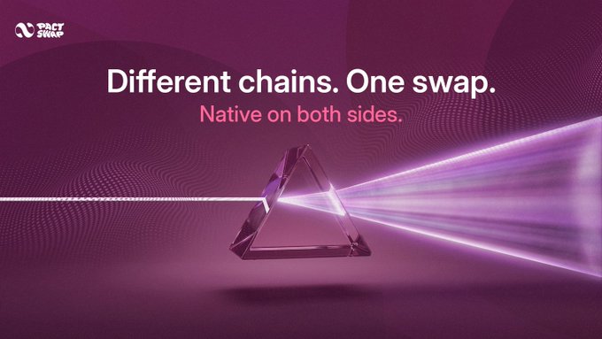Purple-themed promotional graphic reading 'Different chains. One swap. Native on both sides.' featuring a glowing prism splitting light beams, with the 'FACT STARS' logo in the top left.