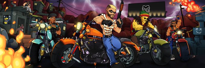 An animated scene depicts four biker characters on motorcycles holding weapons against a fiery city backdrop, with an 'Ape Store' billboard visible.