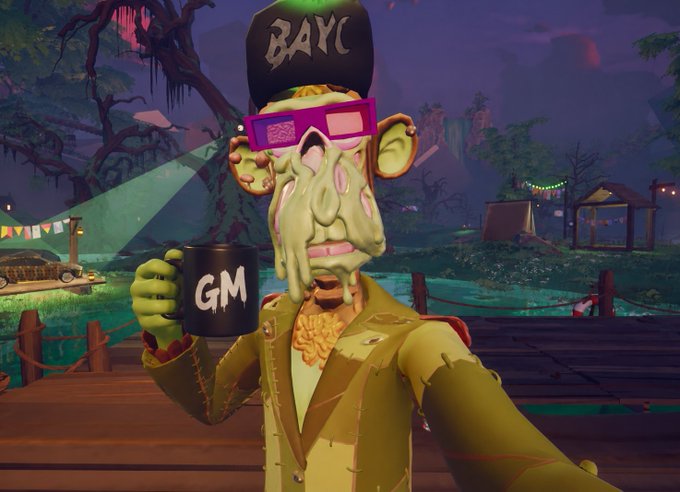 A 3D rendered cartoon character with green skin, 3D glasses, and a 'BAYC' cap holds a black mug that says 'GM'.