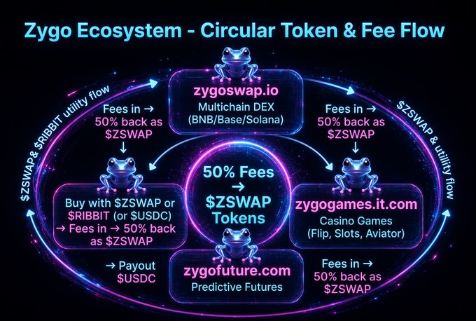 A neon-styled infographic titled 'Zygo Ecosystem - Circular Token & Fee Flow' showing the flow of $ZSWAP tokens and fees between zygoswap.io (Multichain DEX), zygogames.it.com (Casino Games), and zygofuture.com (Predictive Futures), with 50% fees converting to $ZSWAP tokens.