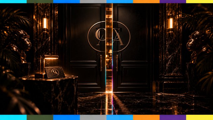 Dark double doors with a gold "QA" monogram sit partially ajar, revealing a glowing golden light beyond, while a marble pedestal bearing a matching "QA" emblem stands in the foreground flanked by ornate lion sculptures. The image visually reinforces the post's message of exclusive, guarded access—an elegant barrier that hints at a premium experience just out of reach.