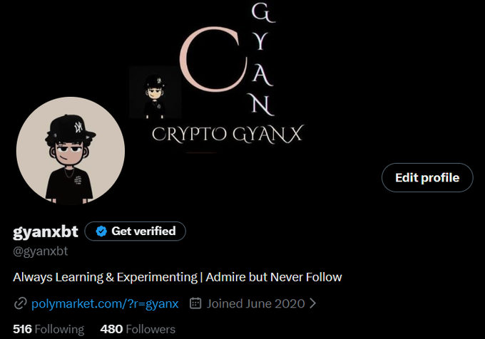 A Twitter/X profile page for 'gyanxbt' (@gyanxbt) with the 'CRYPTO GYANX' branding, showing 516 Following and 480 Followers, with the bio 'Always Learning & Experimenting | Admire but Never Follow' and a link to polymarket.com.
