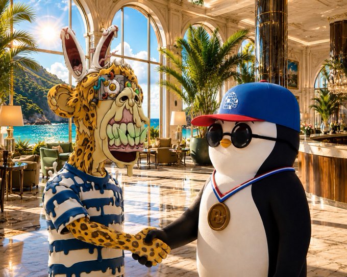 A surreal AI-generated image showing a grotesque creature wearing bunny ears shaking hands with a penguin wearing a red and blue cap, sunglasses, and a gold medal in a luxurious hotel lobby with ocean views.