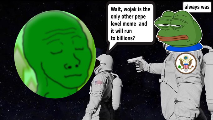 The image features a cartoon depiction of an astronaut with a frog head, wearing a helmet and holding a gun. The caption below the image reads "$wojak is this cycle's pepe both from #4chan btw". This suggests that the image might be related to a discussion or post about the relationship between the character Wojak (an anthropomorphic frog) and another character, possibly a human, who is also an anthropomorphized frog. The caption implies that these characters are part of a cycle where they interact with each other in various ways, such as fighting or engaging in conversations.