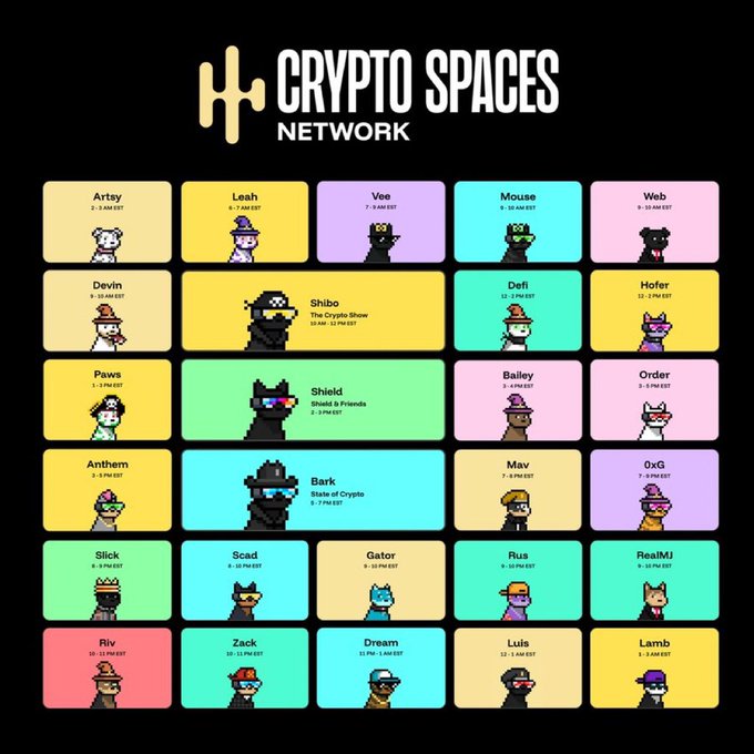 A 'CRYPTO SPACES NETWORK' graphic displaying a grid of colorful profile cards featuring cartoon animal avatars (cats, bears, frogs) with usernames like Artey, Leah, Vee, Mouse, and Web.