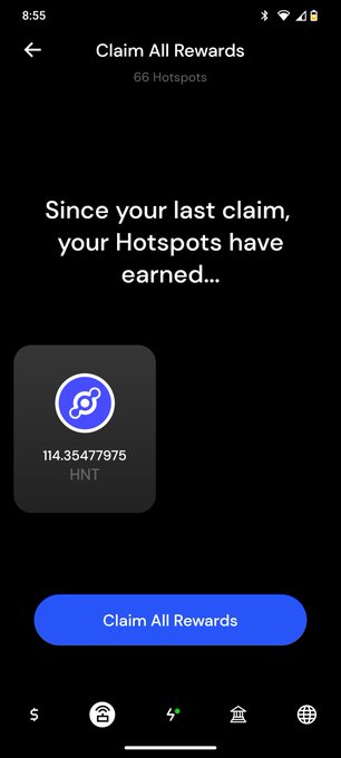 Mobile app screenshot showing 'Claim All Rewards' for 66 Hotspots, displaying earned HNT (Helium) tokens totaling 114.35477975 HNT.