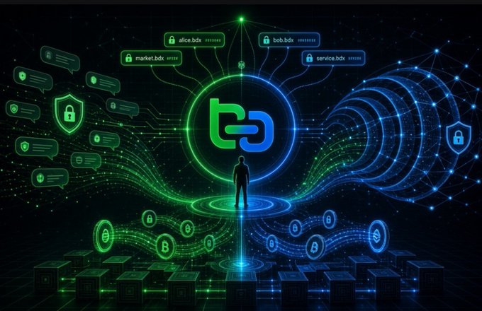 A digital illustration depicting a figure standing before a glowing 'bd' logo connected to green and blue network nodes, chat bubbles with lock icons, user names like 'alice.bdx', and cryptocurrency symbols (Bitcoin and Binance).