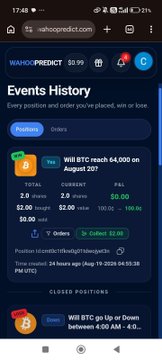 A mobile screenshot of the wahopredict.com Events History page showing betting positions on BTC with current $0.99 balance, displaying an open position on "Will BTC reach 64,000 on August 20?" with current odds of 2.0 and fail P&L of $0.00.