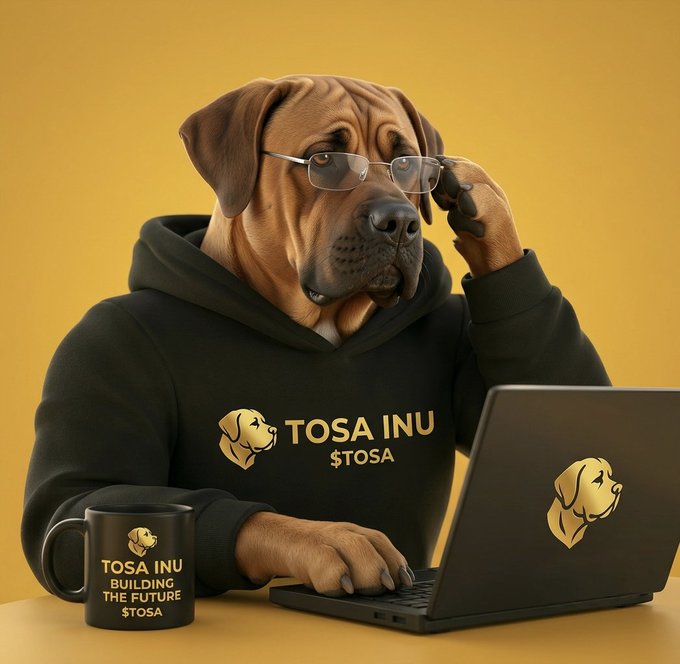 A digital illustration of a brown dog wearing glasses and a black "TOSA INU $TOSA" hoodie, using a laptop with a matching logo, next to a branded mug.