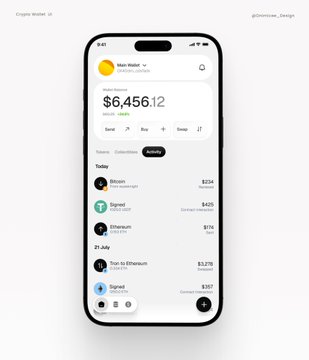 Mobile app mockup of a crypto wallet interface showing a portfolio balance of $6,456.12 with a transaction list including Bitcoin, Ethereum, and 'Deal to Ethereum'.