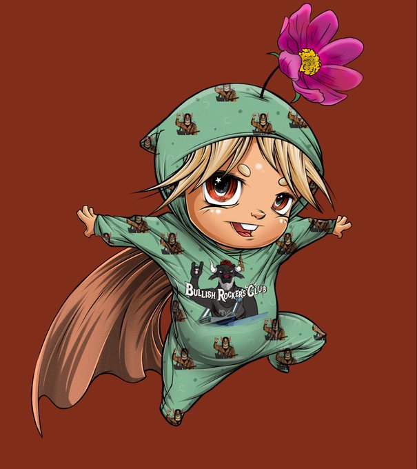 An anime-style chibi character with blonde hair and a fang smile, wearing a green hooded onesie printed with monkey patterns and 'BULLISH ROCKERS CLUB' text, with a pink flower on the hood.