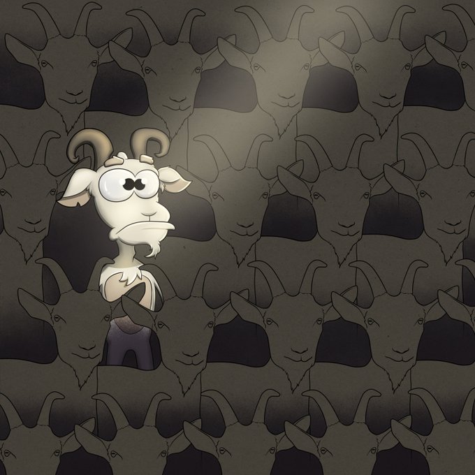 A cartoon white goat standing out from a crowd of identical dark silhouetted goats, with a spotlight illuminating the unique white goat.