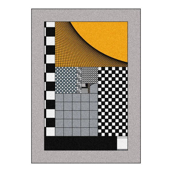 An abstract geometric artwork featuring a grid-patterned orange circle, checkered patterns, and pixelated grids in black, white, and gray tones.