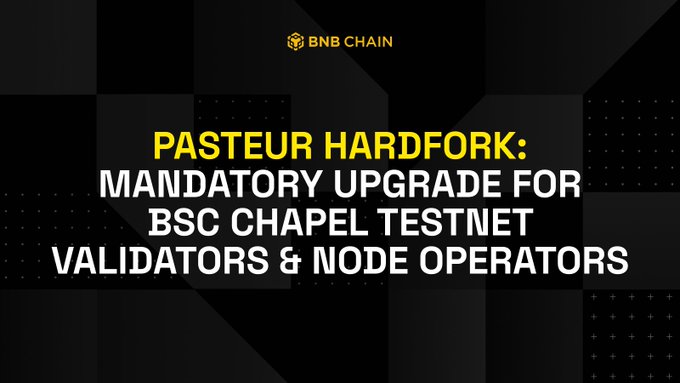 A BNB Chain announcement banner with a black and dark gray geometric background, displaying the text "PASTEUR HARDFORK: MANDATORY UPGRADE FOR BSC CHAPEL TESTNET VALIDATORS & NODE OPERATORS" in yellow and white, alerting the BSC community to the approaching one-hour countdown before the Pasteur hardfork activates on the Chapel Testnet at 02:30 UTC.