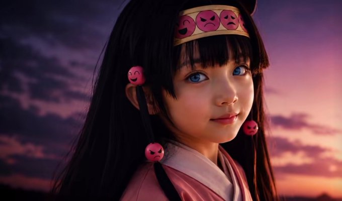A digital artwork depicts a young anime-style girl with dark hair, striking blue eyes, and pink emoji hair accessories, set against a purple and pink sunset sky.