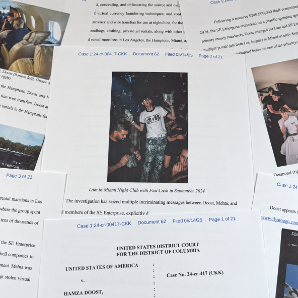 A collage of court documents from United States of America v. Hamiza Doost (Case No. 24-cr-417) shows pages from the $263 million Bitcoin RICO case, featuring photos of Doost in a Miami nightclub with wads of cash in September 2024 and references to private jets and luxury rentals in Los Angeles, Miami, and the Hamptons purchased with stolen crypto proceeds.