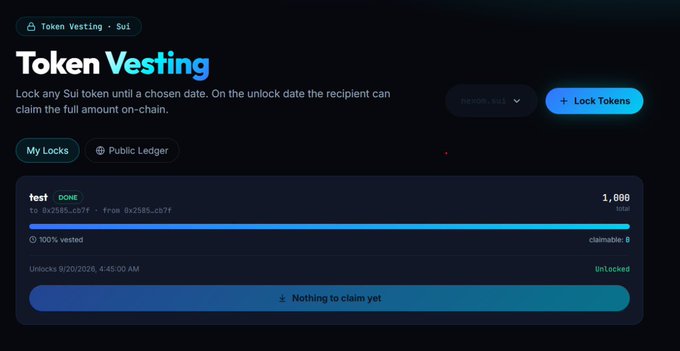 A screenshot of a dark-themed web interface for 'Token Vesting · Sui', showing a 'Token Vesting' dashboard with a 'Lock Tokens' button and a 'test' entry indicating '100% vested' and 'Unlocked'.