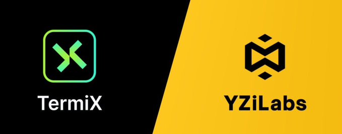 A split-screen graphic displaying logos for 'TermiX' in a green and black square on the left and 'YZiLabs' in a black hexagon on a yellow background on the right.