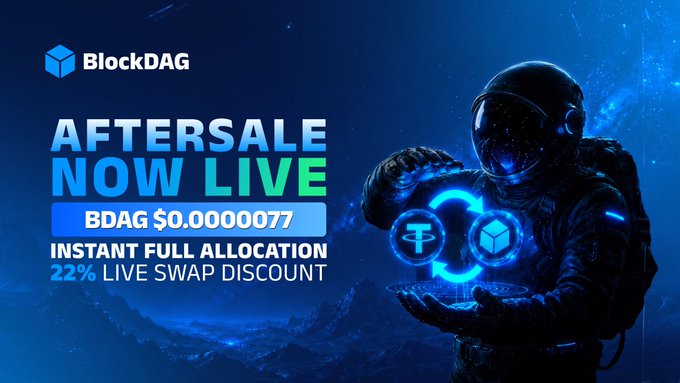 The image is a promotional graphic for BlockDAG's aftersale event, featuring an astronaut holding a glowing cube symbol against a cosmic blue backdrop, with text highlighting the live offer of BDAG at $0.0000077, instant full allocation, and a 22% swap discount. The accompanying caption reinforces the transition from the buyback phase to the aftersale phase, matching the image's futuristic branding and promotional details.