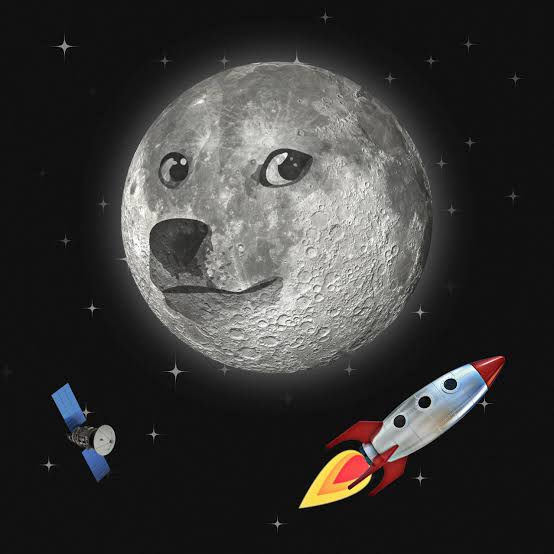 An illustration of a crescent moon with a cute, expressive face in space, accompanied by a satellite and a cartoon-style rocket ship.