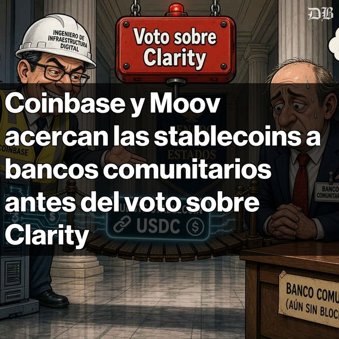 A cartoon-style financial news illustration showing two men in a courtroom-like setting discussing USDC stablecoins. The Spanish headline reads: "Coinbase y Moonv acercan las stablecoins a bancos comunitarios antes del voto sobre Clarity" with a "Voto sobre Clarity" sign hanging above.