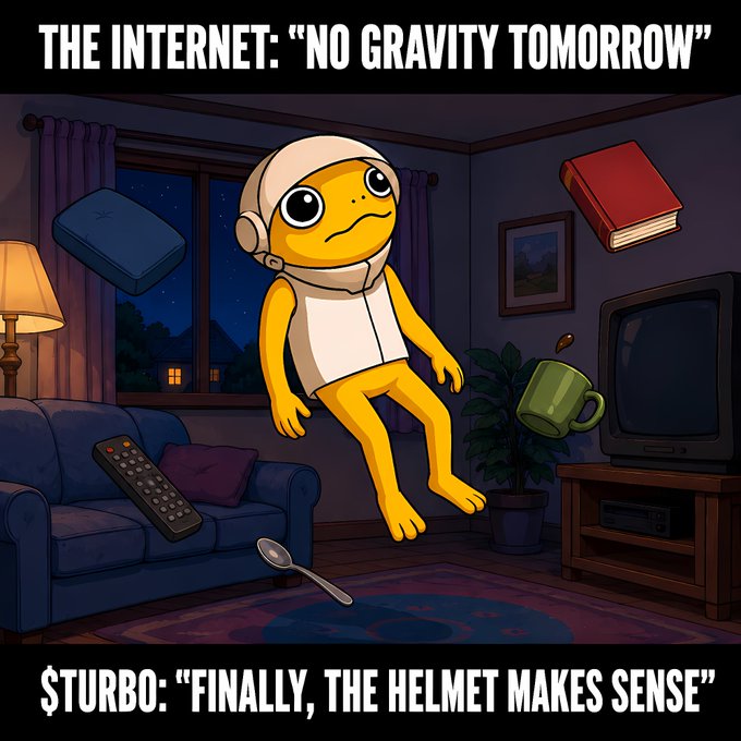 The image features a cartoon yellow toad wearing a white helmet, floating in a dimly lit living room where books, a remote control, a mug, and a spoon hover mid-air. Text at the top reads "THE INTERNET: 'NO GRAVITY TOMORROW'" and at the bottom "$TURBO: 'FINALLY, THE HELMET MAKES SENSE,'" pairing perfectly with the post's joke that the helmet-wearing toad $TURBO is now vindicated by the floating objects.