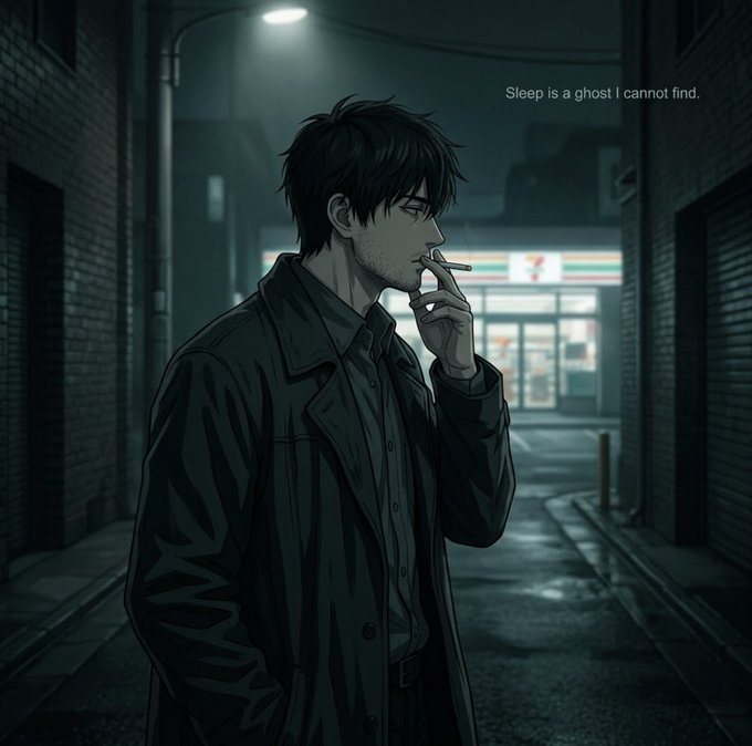 An anime-style illustration of a dark-haired man smoking a cigarette in a dimly lit alley at night, with a 7-Eleven store visible in the background and the text 'Sleep is a ghost I cannot find.' displayed.