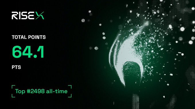A dark screen displaying 'RISE' branding with 'TOTAL POINTS' of '64.1 PTS' in green text, ranked 'Top #2498 all-time,' alongside a stylized green dragon logo.