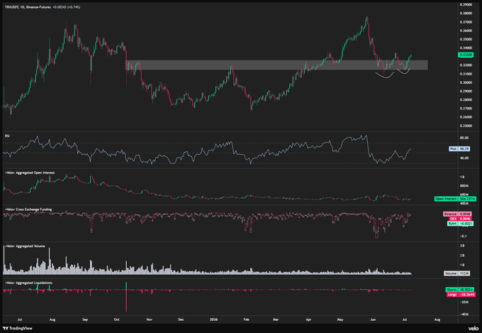 A TradingView daily chart of TRX/USDT on Binance showing a confirmed double bottom pattern around the $0.25-0.26 support zone (highlighted with a rounded yellow pattern), with price reclaiming the daily 50 RSI and pushing back into a shaded horizontal resistance area near $0.33. The accompanying indicators (RSI, Open Interest, Exchange Netflow, Volume, and Liquidations) align with the bullish setup described in the post.