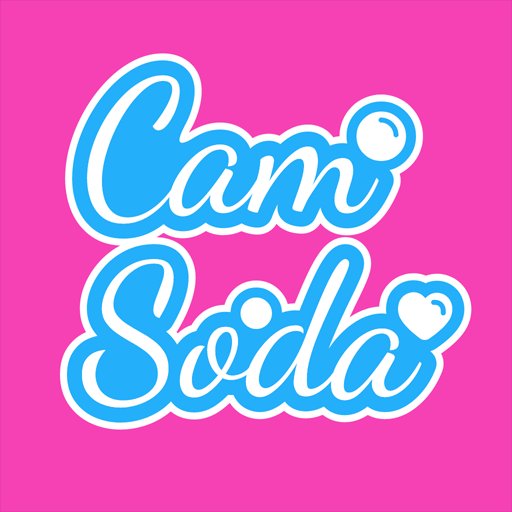 A stylized, bubbly graphic with the words 'Cam Soda' in light blue outlined text with a heart detail on a bright pink background.