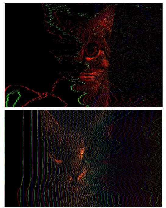 Two distorted, glitch-effect digital portraits in red and green hues stacked vertically, showing abstract and warped facial features.