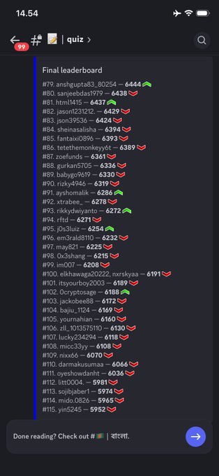 Screenshot of a mobile app showing a 'Final leaderboard' with rankings from #79 to #115, featuring usernames, scores, and watermelon emojis.