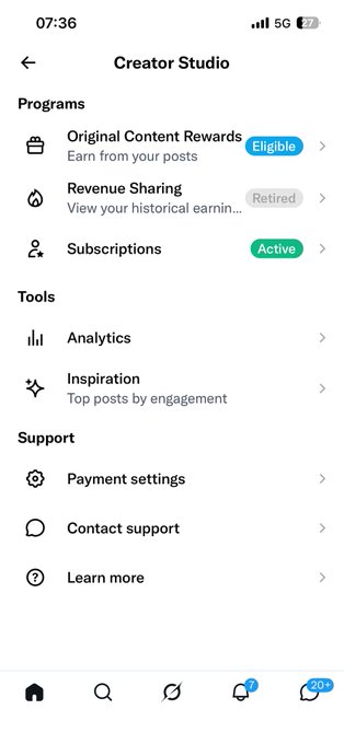 A mobile screenshot of a "Creator Studio" page displays a list of programs including "Original Content Rewards (Eligible)," "Revenue Sharing (Retired)," and "Subscriptions (Active)," along with tools like Analytics and Inspiration, and support options, with a timestamp of 07:36 and 5G connection visible.