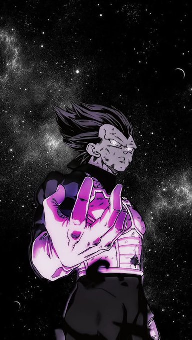 An anime-style illustration of a character with spiky hair and purple energy emanating from their hand, set against a starry cosmic background.