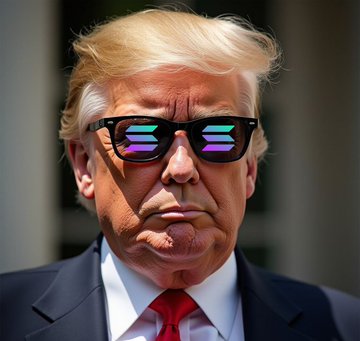 President Donald Trump is shown in a close-up portrait wearing dark sunglasses that reflect the colors of the pride flag, paired with a navy suit and red tie. The image visually accompanies the breaking news post about Trump's announcement that the US is considering purchasing BTC and other cryptocurrencies, signaling a bullish outlook for crypto markets including Solana (#SOLANA).