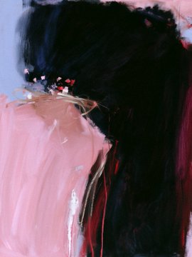 An abstract painting featuring thick, dark black brushstrokes over textured pink and muted red areas, with small floral details in the upper left.