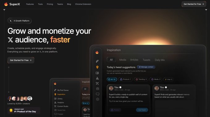 The image shows the SuperX website homepage, an X Growth Platform, featuring the tagline "Grow and monetize your X audience, faster" alongside an interface mockup displaying an "Inspiration" feed with trending content like AI, Products, and Trending topics. The post's mention of Fable tokens appears unrelated to this landing page, which promotes SuperX as a social media growth tool rather than involving any token-based economy.