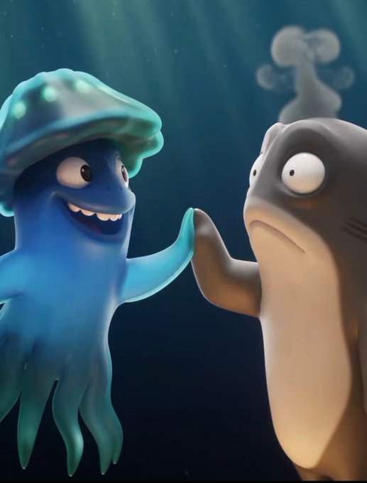 A 3D animated scene featuring a blue jellyfish-like character and a gray hammerhead shark character appearing to high-five underwater.