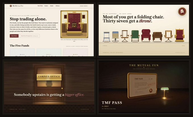A collage of four screenshots from "The Mutual Fun" website displays a "Stop trading alone" landing page with a throne illustration, a chair progression lineup captioned "Most of you get a folding chair. Thirty seven get a throne," a "Corner Office" door animation reading "Somebody upstairs is getting a bigger office," and a "TMF PASS" membership certificate for "No. 0004," all visually reinforcing the post's promotion of the onchain mutual fund with 4,001 seats on Robinhood Chain.