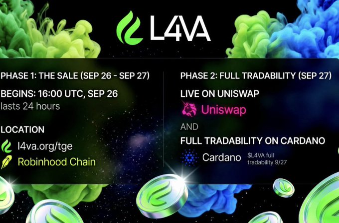 Promotional graphic for the L4VA cryptocurrency token sale, announcing Phase 1 (The Sale) on Sep 26-27 via l4va.org/tge on Robinhood Chain, and Phase 2 full tradability on Uniswap and Cardano starting Sep 27.