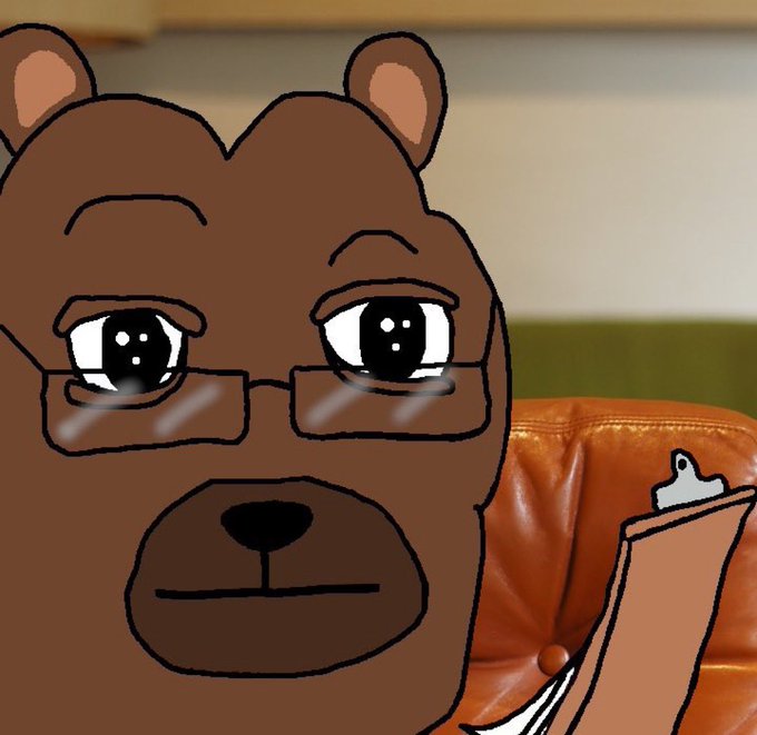 A cartoon brown bear wearing glasses holds a clipboard and gives a skeptical, side-eyed look, as if suspiciously auditing someone in the room. The image visually reinforces the post's accusatory tone about a supposed "notorious ordinals grifter" being present, using the bear's judgmental expression to mock or call out the accused party.