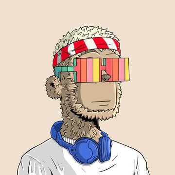 A digital illustration depicts a bearded man with blue headphones wearing pixelated sunglasses in red, orange, and yellow, and a red and white checkered headband.